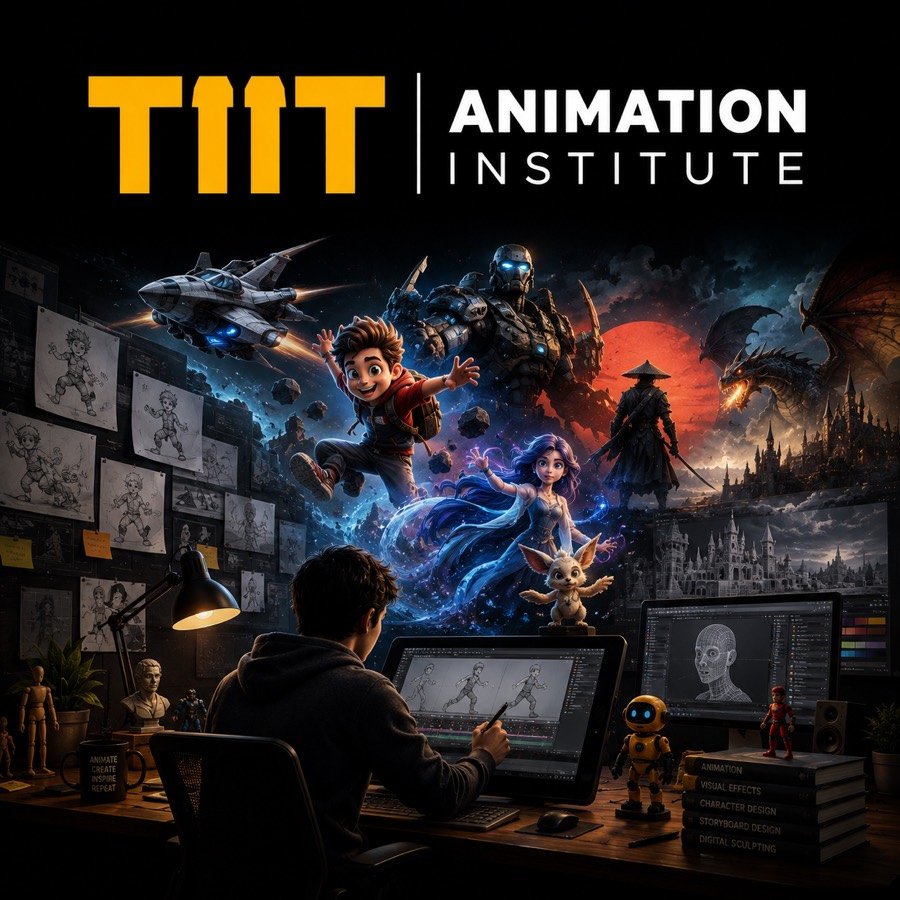 TIIT Animation Institute — animator at work surrounded by character art